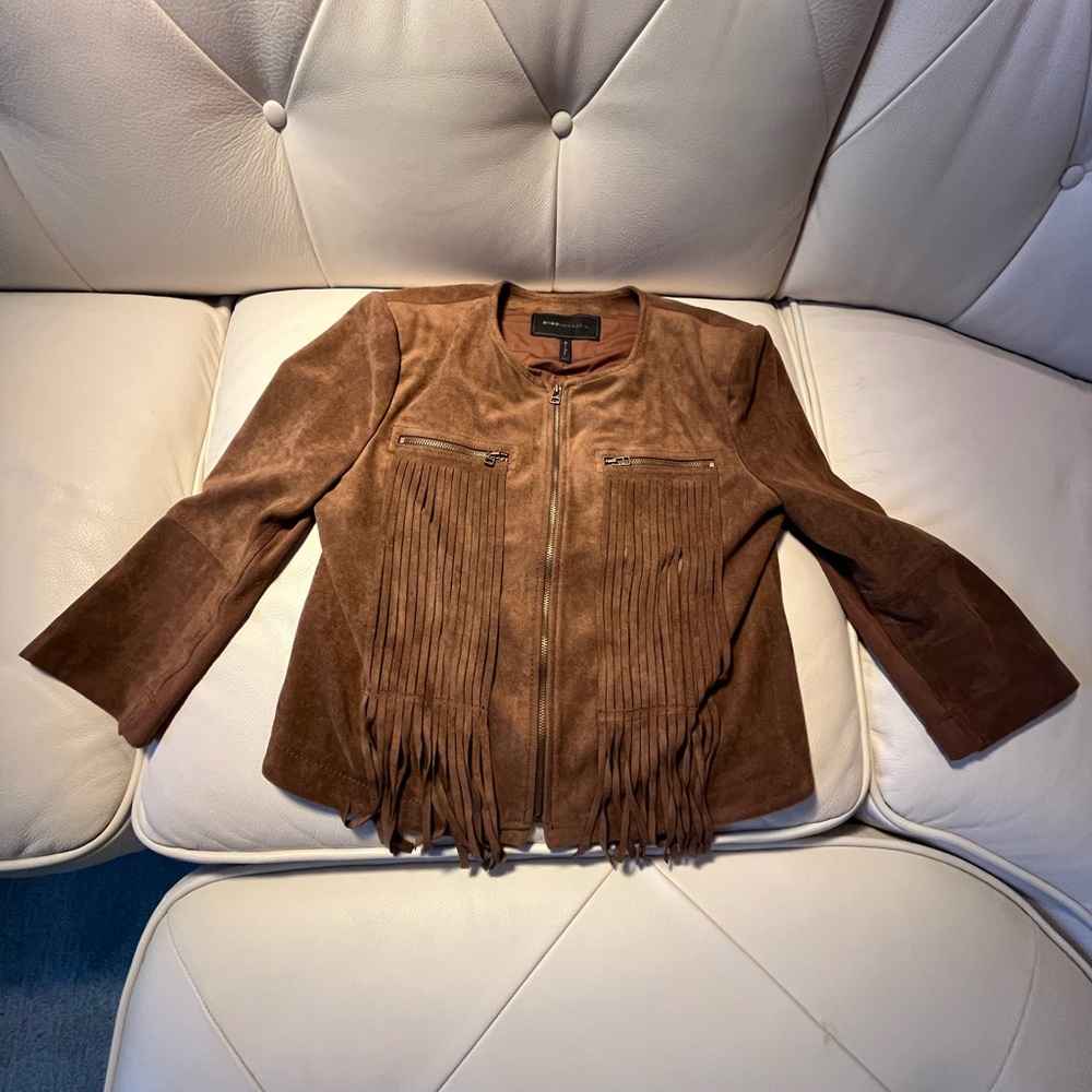 BCBGMaxAzria Brown Faux Suede Leather Jacket with Fringe
